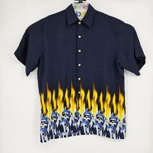 Vintage Sideout Shirt Mens Large Button Up Flames Blue Skulls Snake Short Sleeve